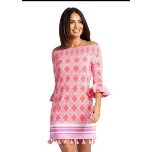 Cabana Life Coral Geo Coverluxe Dress Off Shoulder Tassel Mini Medium NEW